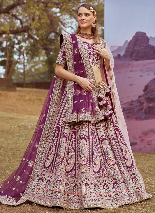 Silk Purple Bridal Wear Stone Beads Work Lehenga Choli